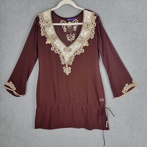 Kohinoor Designer Tunic Top Womens S Brown Beaded Pakistani Indian Lined Silk